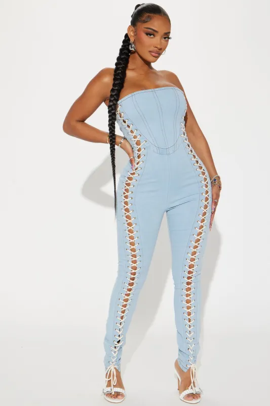Get A Clue Denim Jumpsuit - Light Wash sold by Fashion Nova