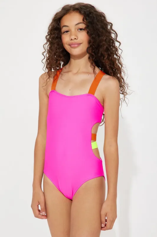 Mini Amy Strappy 1 Piece Swimsuit - Neon Pink/combo sold by Fashion Nova