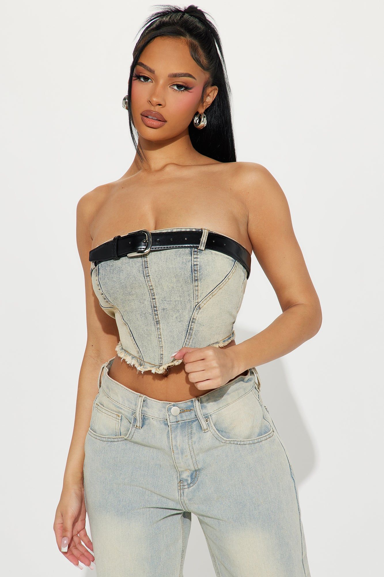 Buckle Up Washed Denim Corset Top - Vintage Wash sold by Fashion Nova