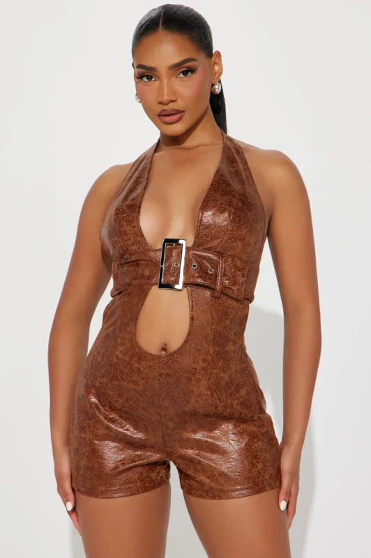 Nashville Hot Faux Leather Romper - Brown sold by Fashion Nova