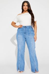 Elodie Split Hem Stretch Trouser Jeans - Medium Wash sold by Fashion Nova