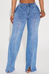 Elodie Split Hem Stretch Trouser Jeans - Medium Wash sold by Fashion Nova