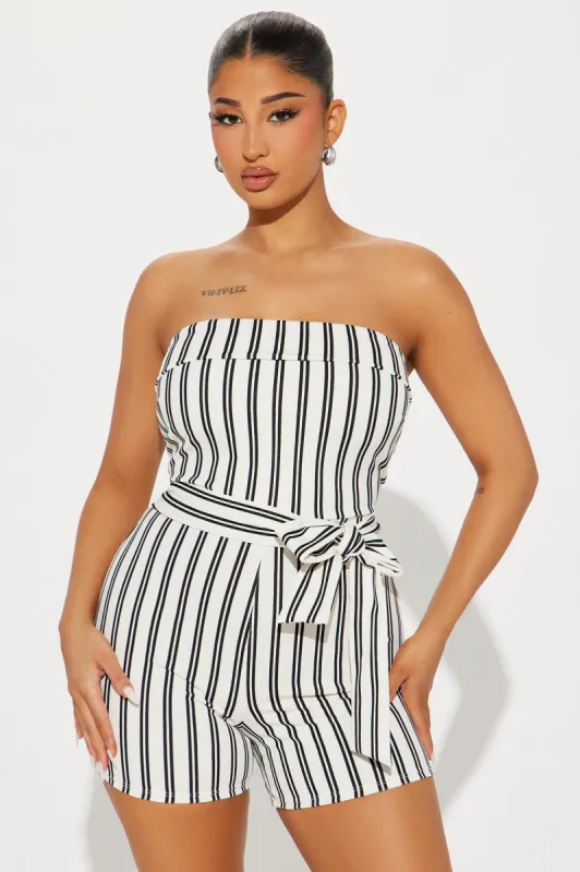 So Much Hype Striped Romper - White/Black sold by Fashion Nova
