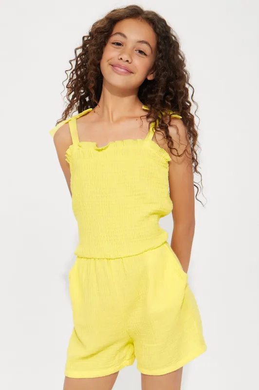 Mini Cotton Gauze Tie Sleeve Romper - Yellow sold by Fashion Nova