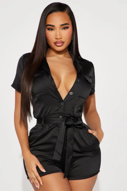 Get With It Satin Romper - Black sold by Fashion Nova