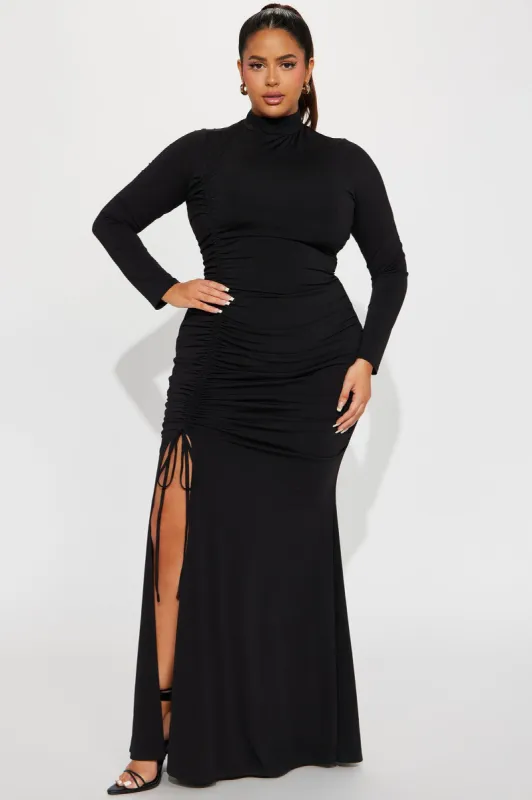 Rachel Ruched Gown - Black sold by Fashion Nova