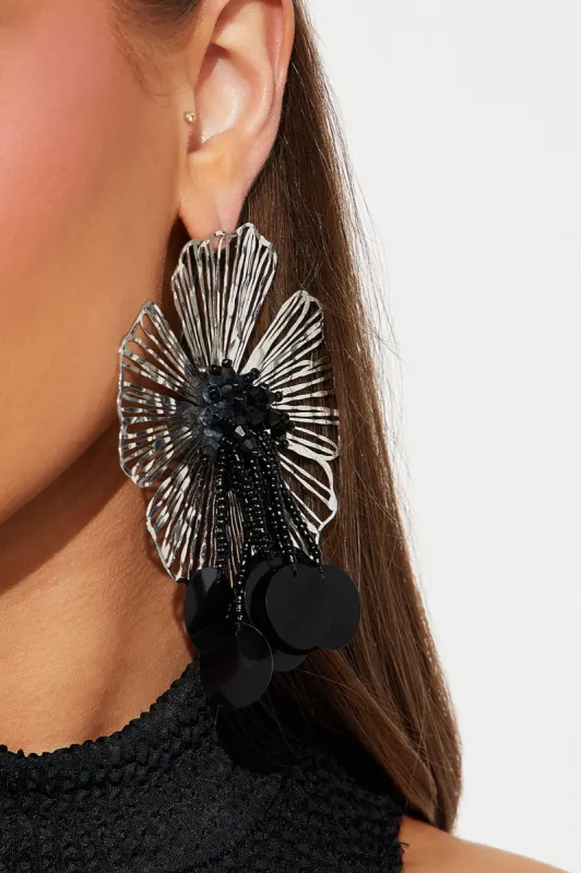 Floral Beaded Earrings  - Silver/Black sold by Fashion Nova
