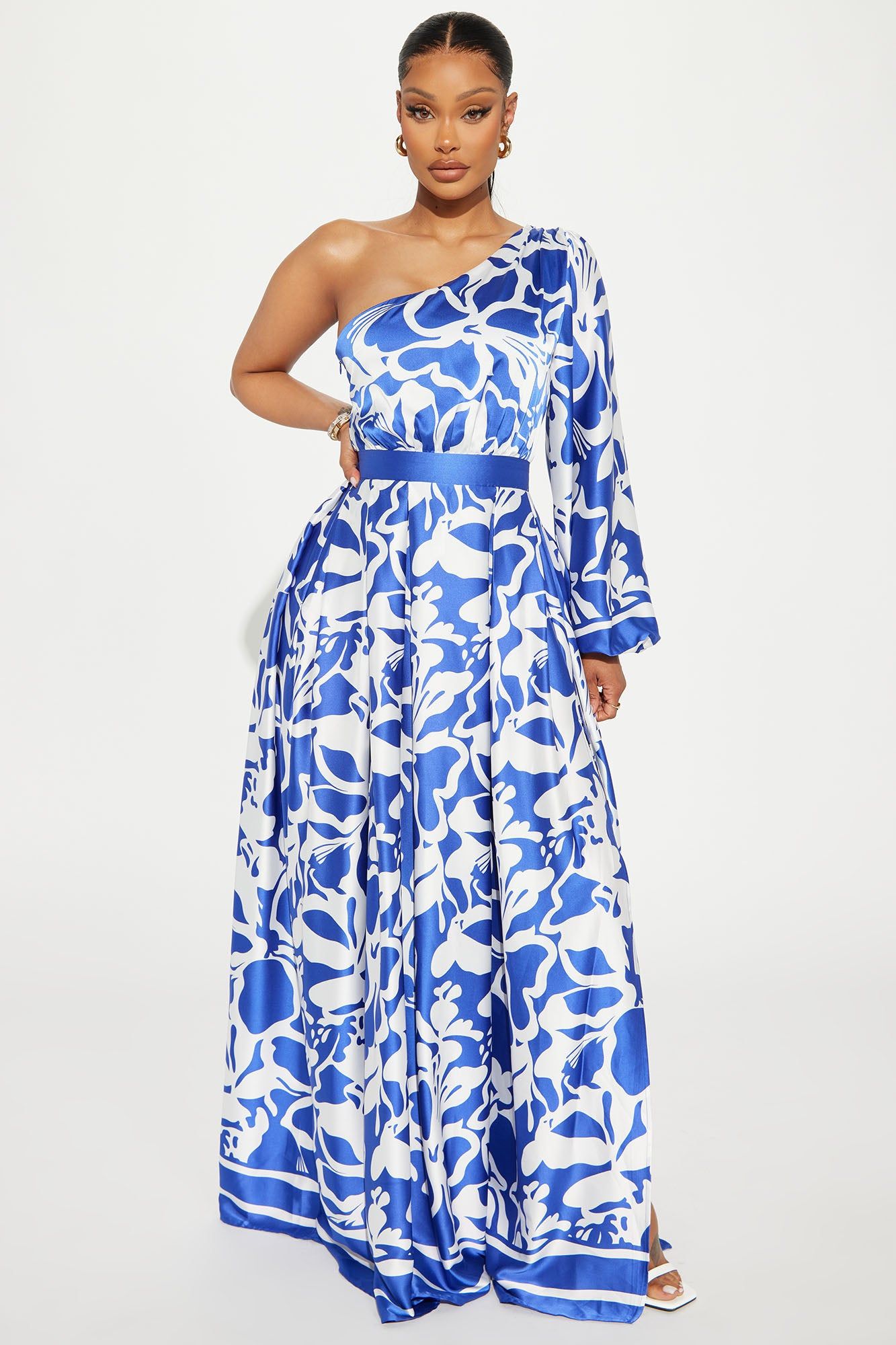 Vacation Destination Satin Maxi Dress - Blue/combo sold by Fashion Nova
