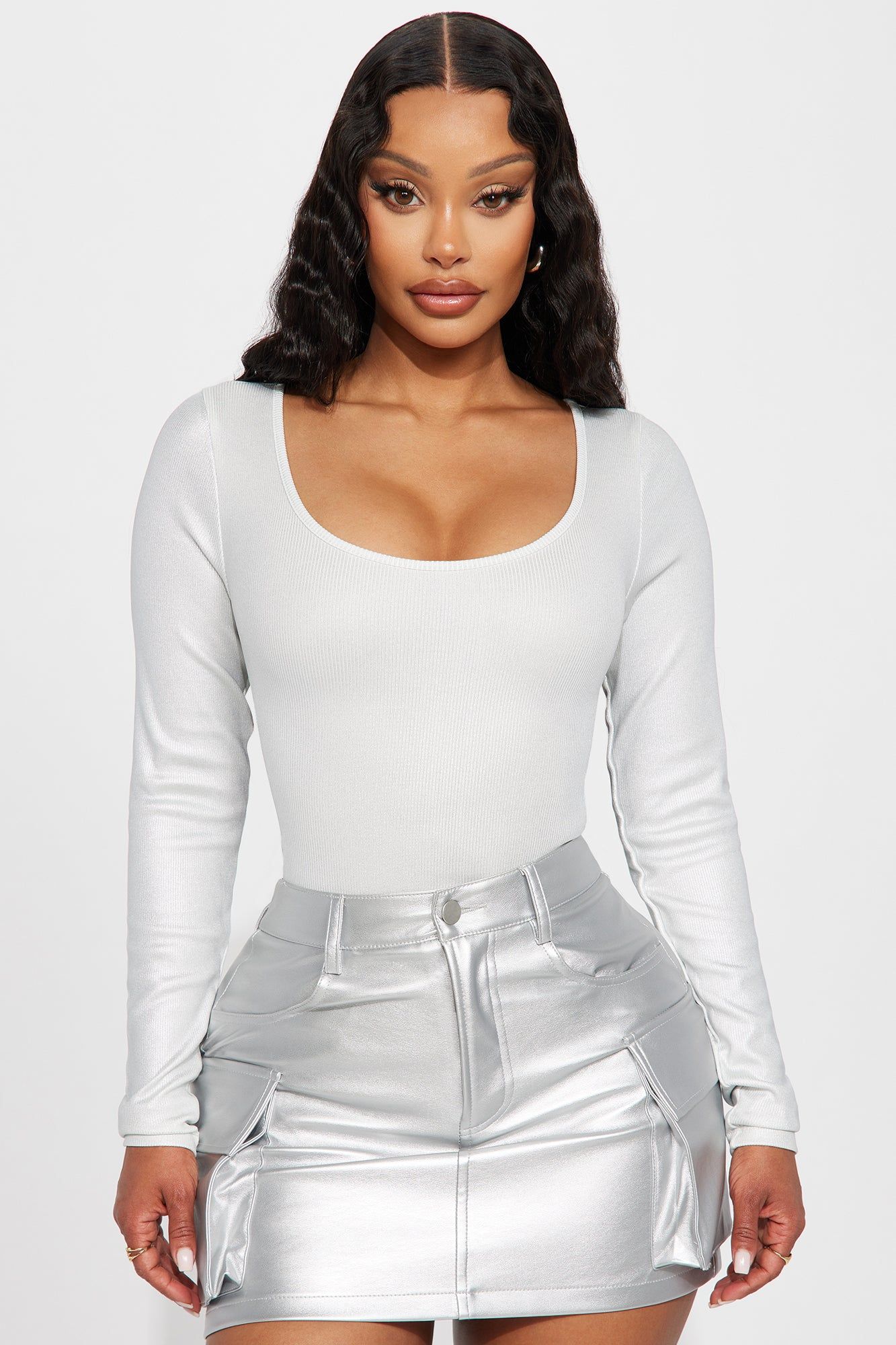 Body Shimmer Long Sleeve Bodysuit - Silver sold by Fashion Nova product image thumbnail 3