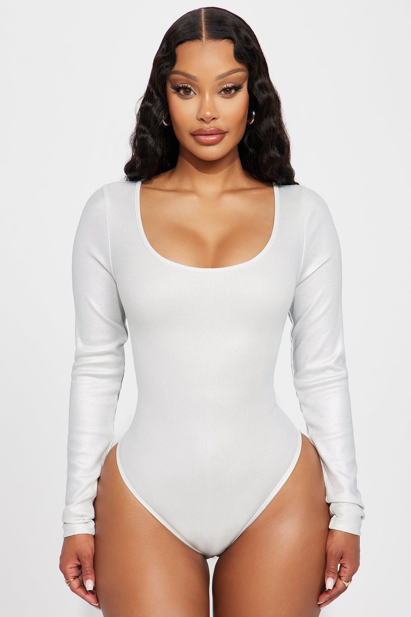 Body Shimmer Long Sleeve Bodysuit - Silver sold by Fashion Nova