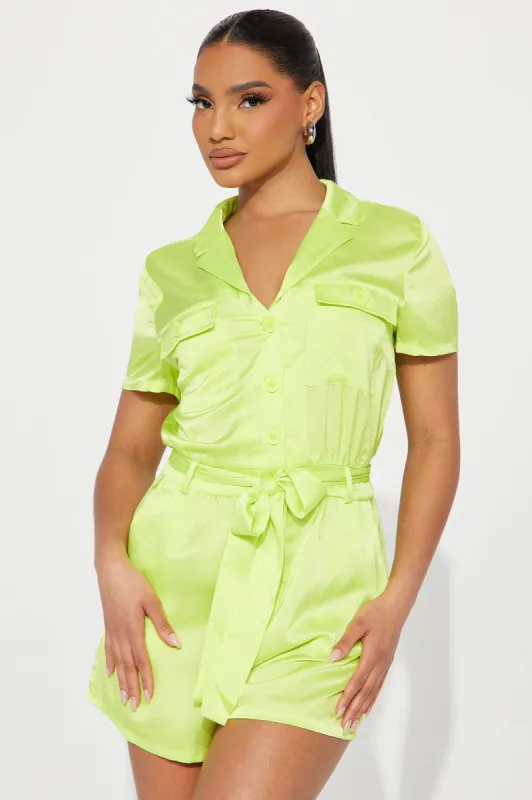 Get With It Satin Romper - Lime sold by Fashion Nova