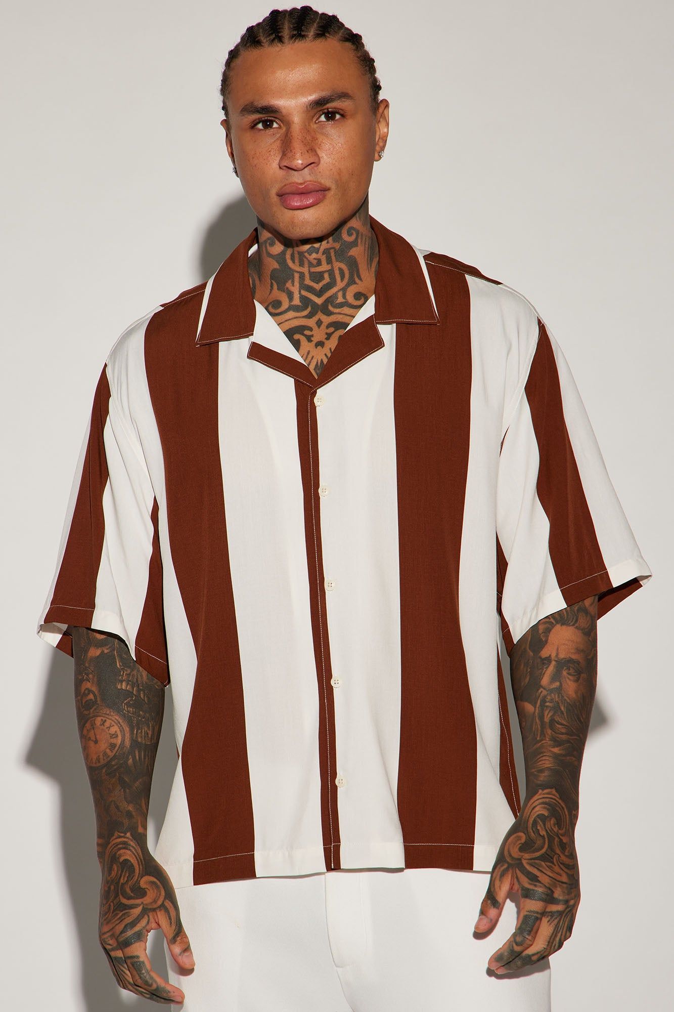 Striped Down Button Up Shirt - White/combo sold by Fashion Nova