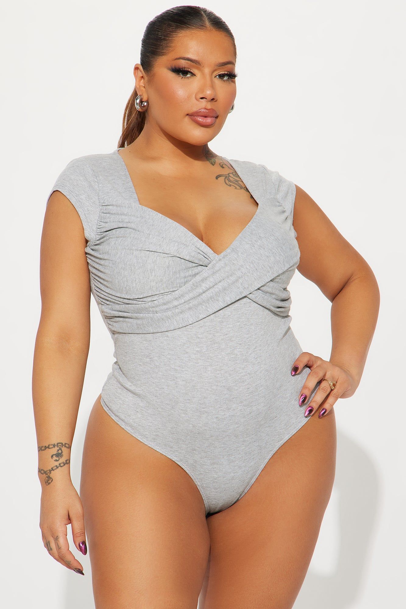 Don't Wait Up Short Sleeve Bodysuit - Heather sold by Fashion Nova