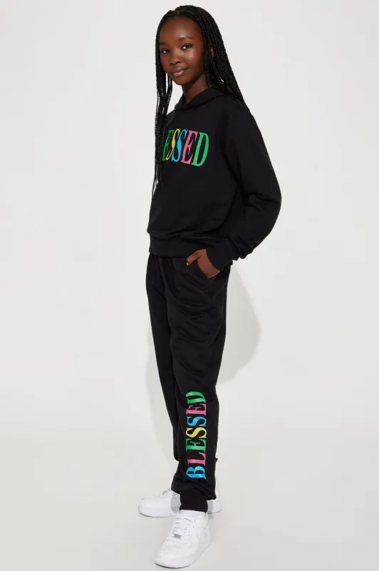 Mini Oh Yes I'm Blessed French Terry Jogger Set - Black made by Fashion Nova