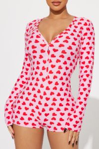 It's All Love Long Sleeve PJ Romper Onesie - Red/combo sold by Fashion Nova