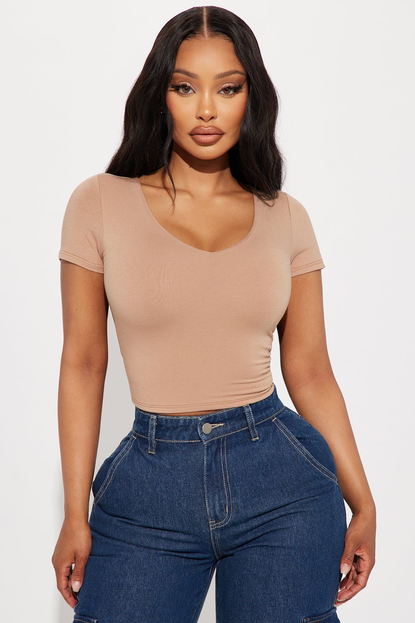 Venus V-Neck Double Layered Tee - Taupe sold by Fashion Nova