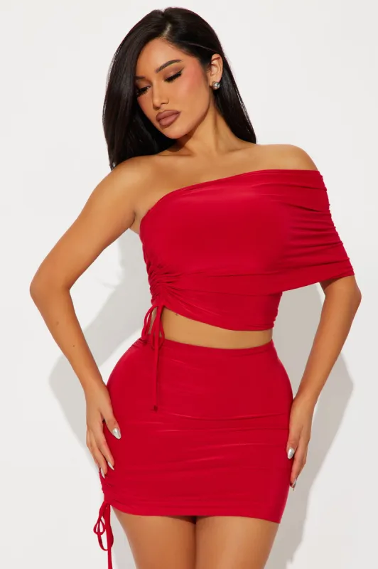 Katja  One Shoulder Ruched Skirt Set - Red sold by Fashion Nova