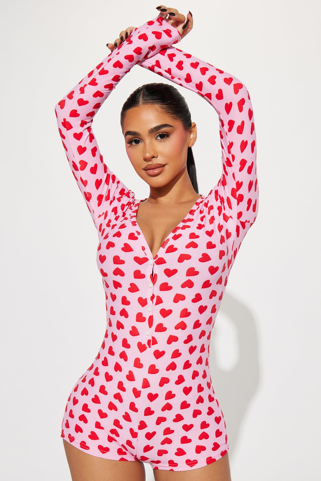 It's All Love Long Sleeve PJ Romper Onesie - Red/combo sold by Fashion Nova