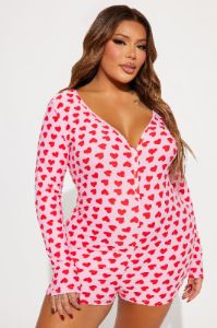 It's All Love Long Sleeve PJ Romper Onesie - Red/combo sold by Fashion Nova