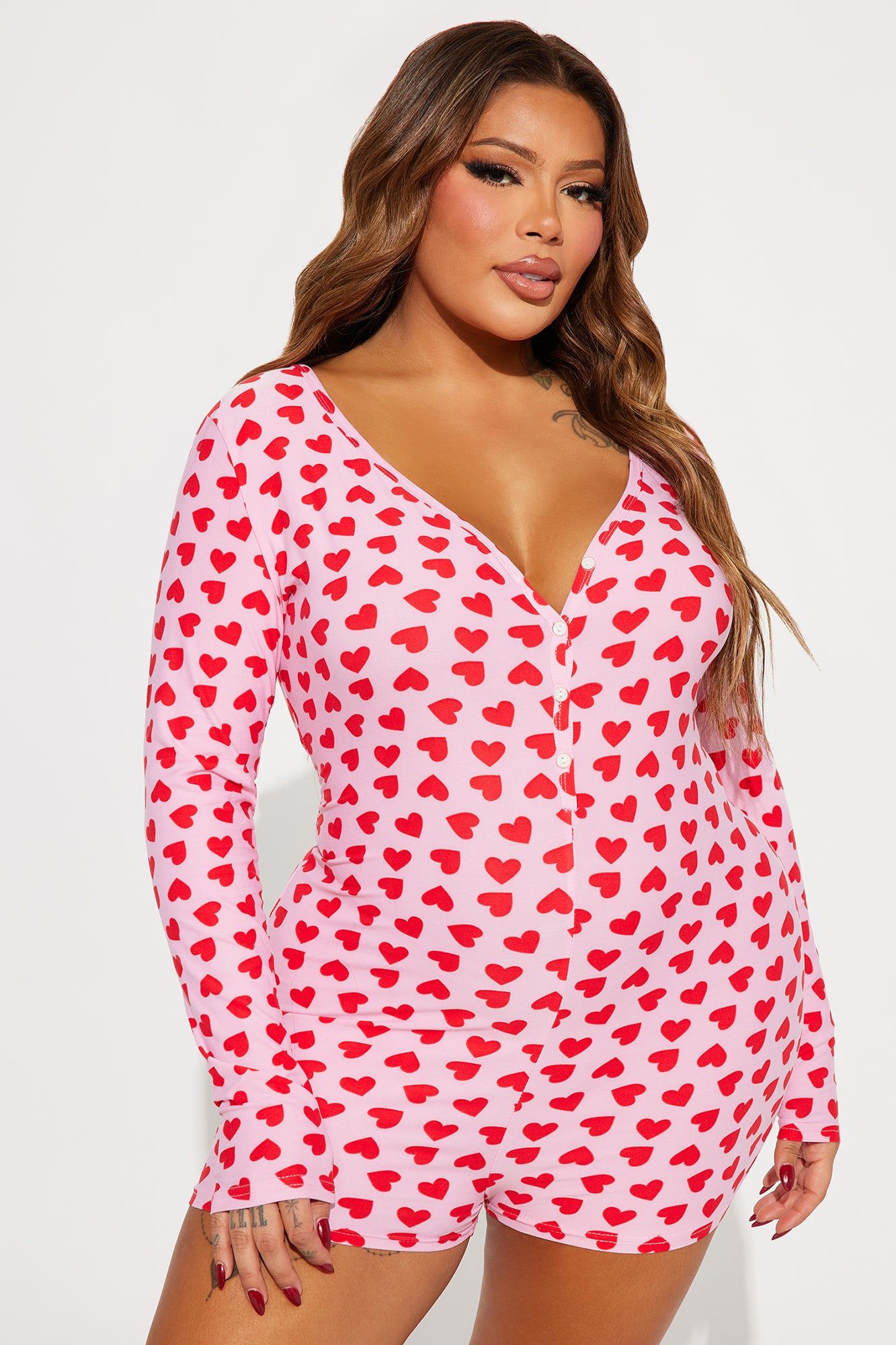 It's All Love Long Sleeve PJ Romper Onesie - Red/combo sold by Fashion Nova product image thumbnail 4