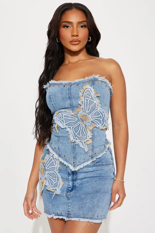 Butterfly Kiss Denim Skirt Set - Light Wash sold by Fashion Nova