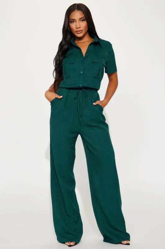 Come Find Me Linen Jumpsuit - Hunter made by Fashion Nova