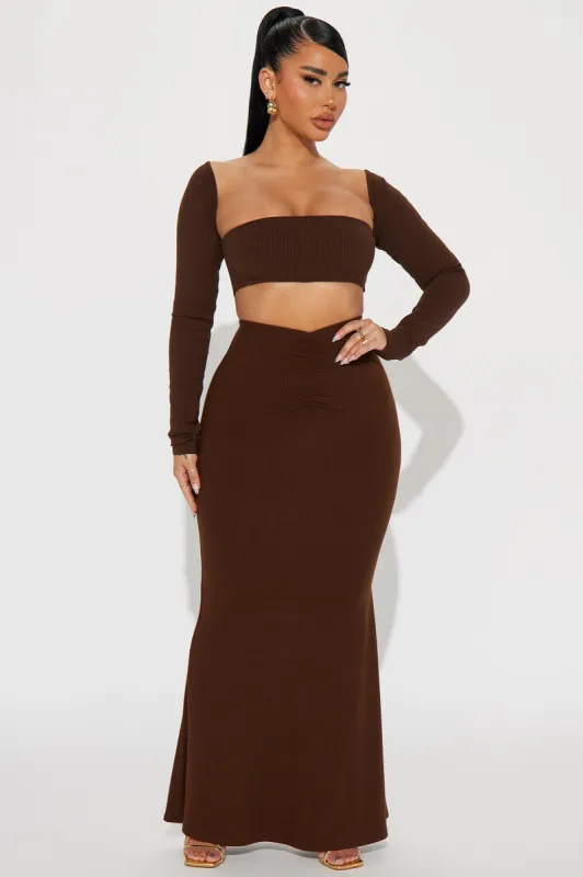 Pretty Girls Ribbed Maxi Skirt - Chocolate sold by Fashion Nova