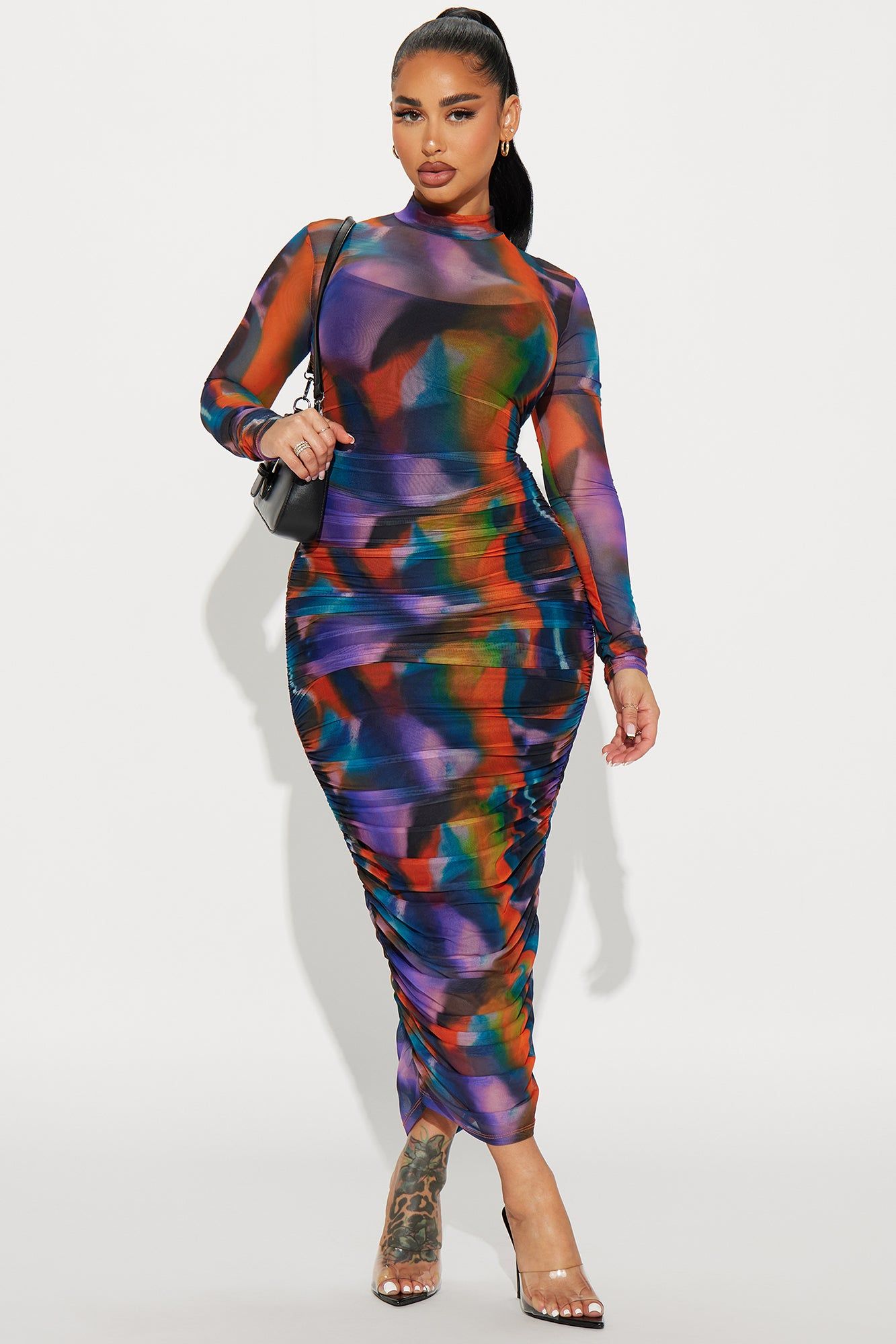 Anais Mesh Midi Dress - Orange/combo sold by Fashion Nova