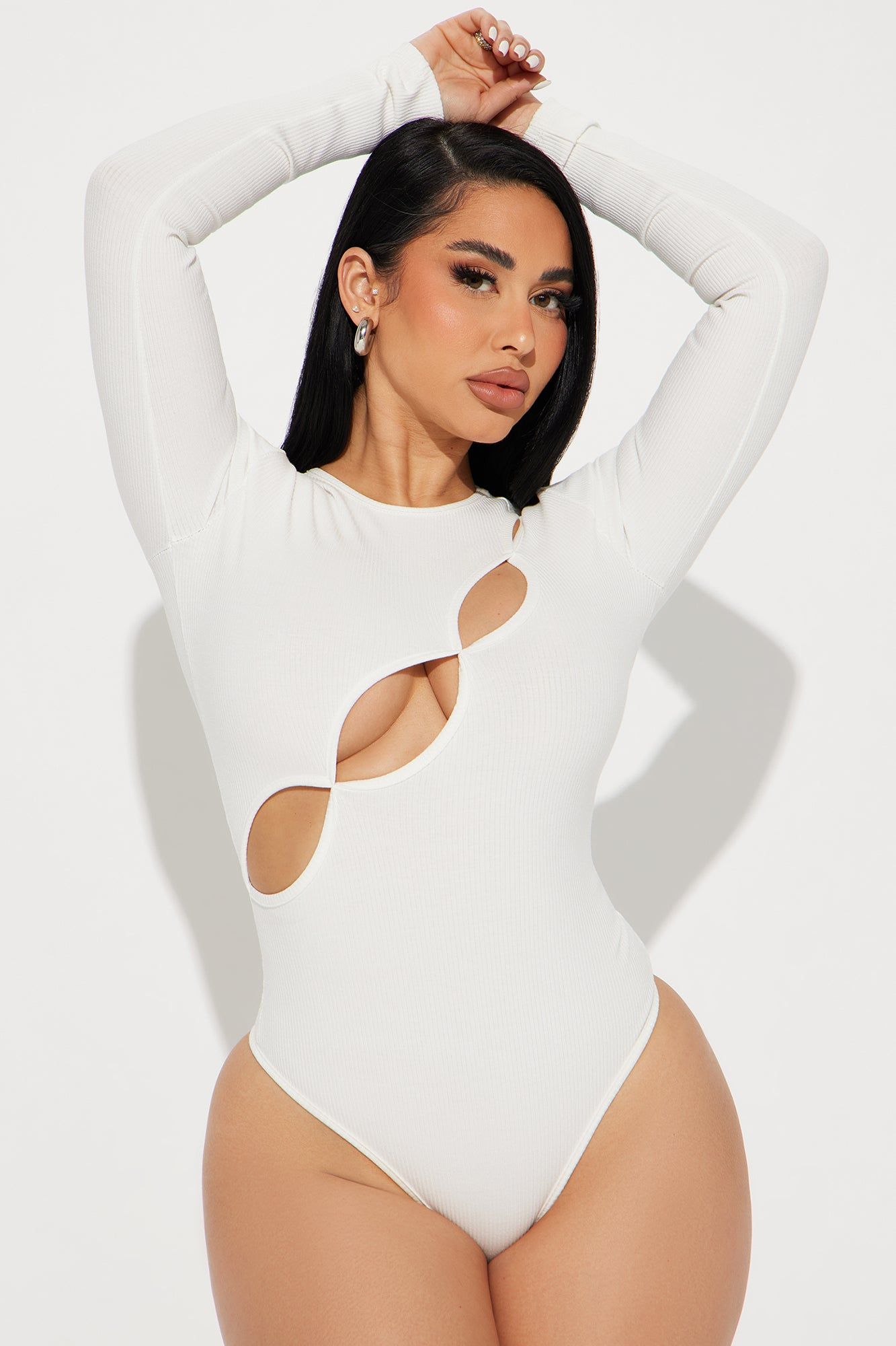 Kim Long Sleeve Cut Out Bodysuit  - White sold by Fashion Nova
