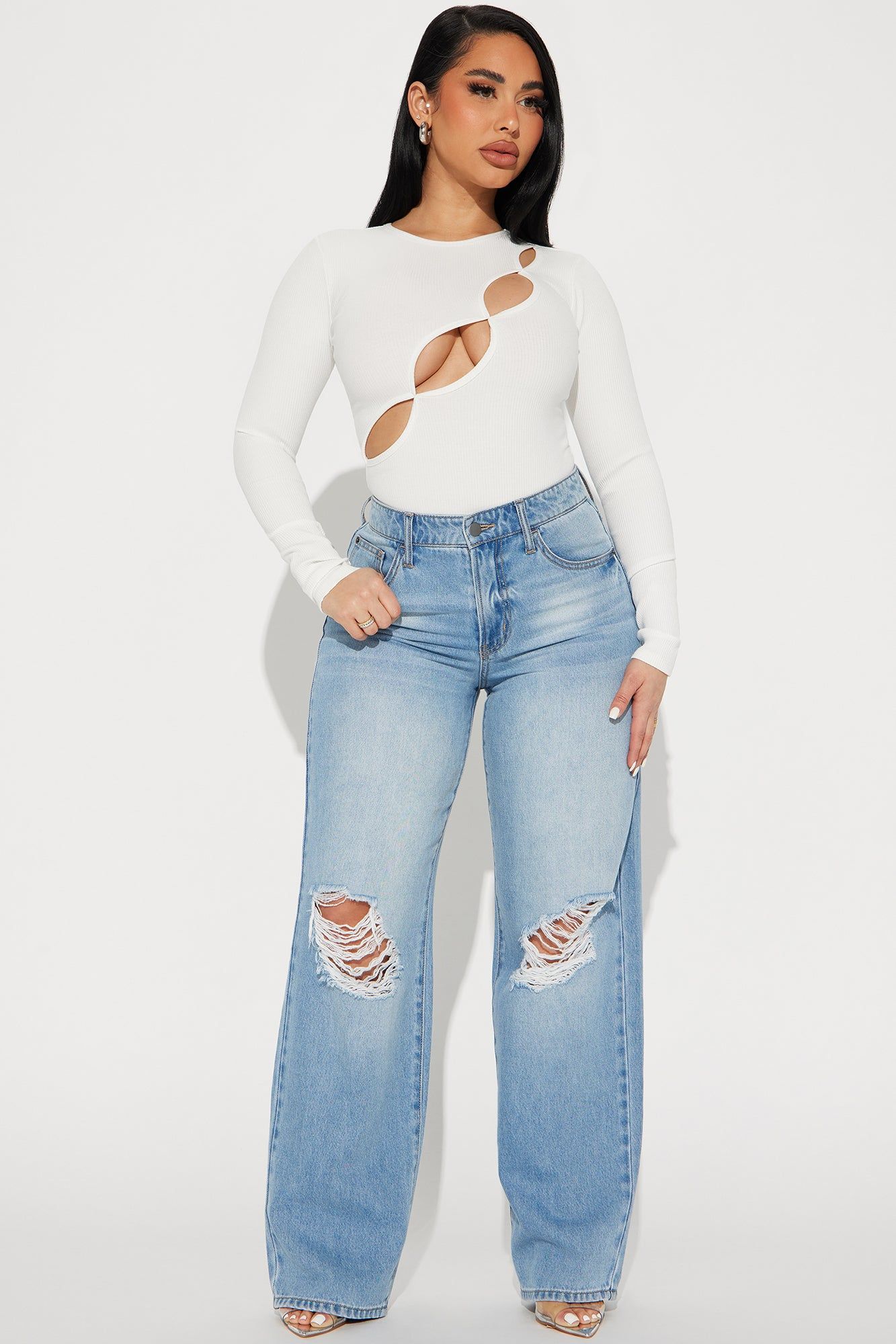 Kim Long Sleeve Cut Out Bodysuit  - White sold by Fashion Nova product image thumbnail 2