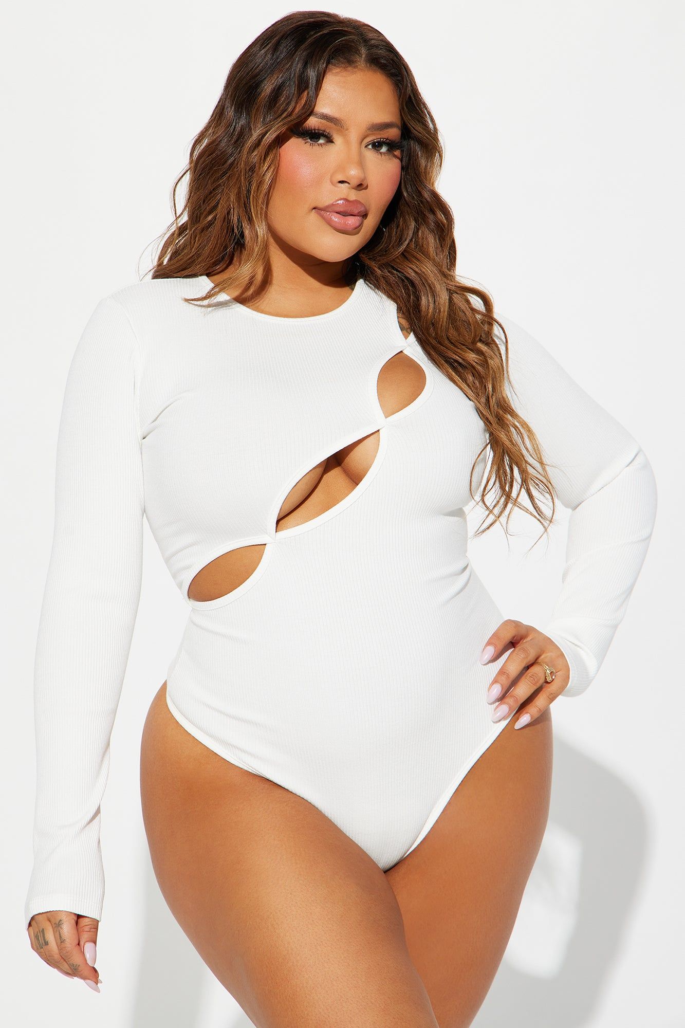 Kim Long Sleeve Cut Out Bodysuit  - White sold by Fashion Nova product image thumbnail 5