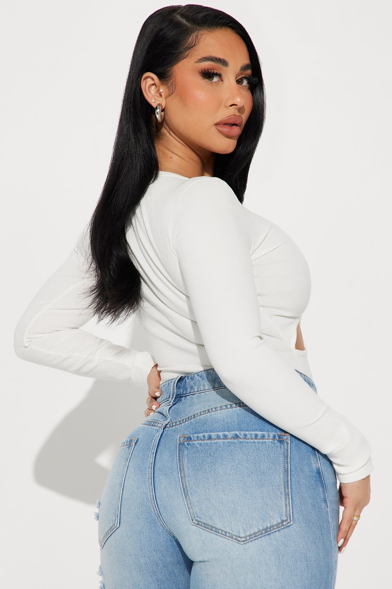 Kim Long Sleeve Cut Out Bodysuit  - White sold by Fashion Nova product image thumbnail 4