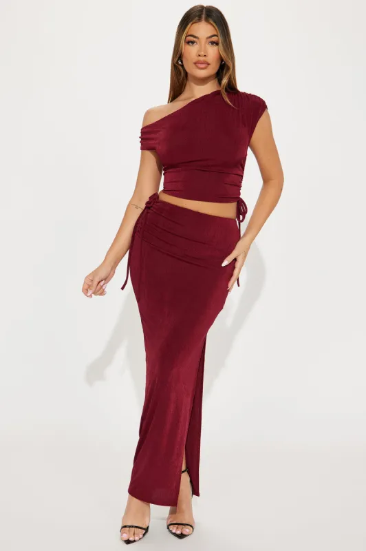 Feelin' It Slinky Skirt Set - Burgundy sold by Fashion Nova