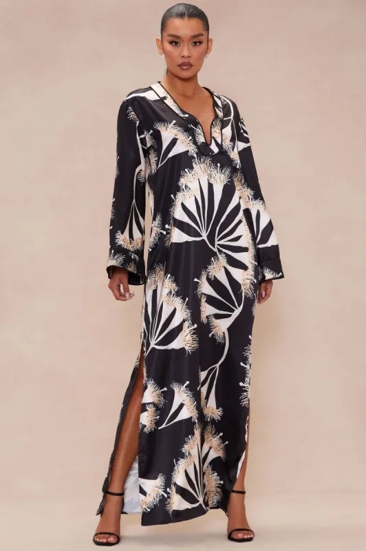 Isla Satin Kaftan Maxi Dress - Black/combo sold by Fashion Nova