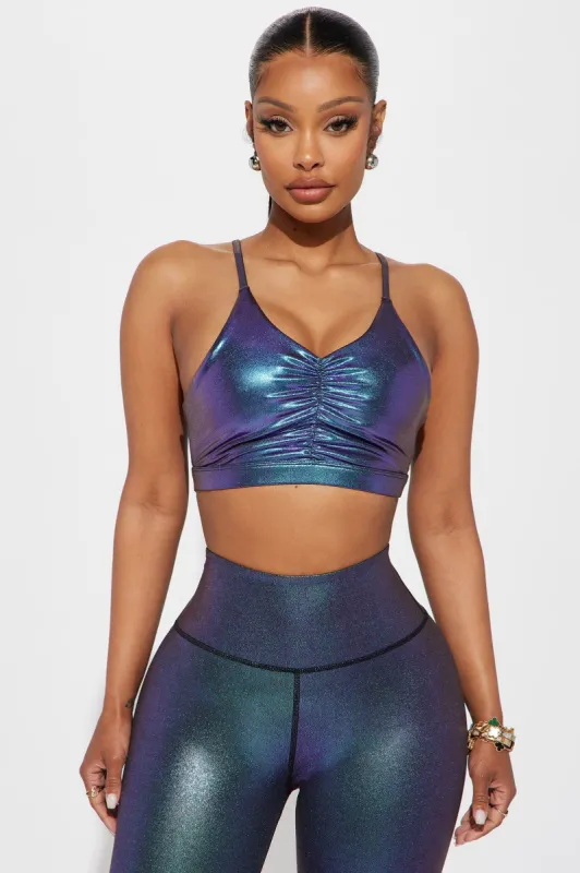 Zen Ruched Shimmer Sports Bra - Purple/combo sold by Fashion Nova