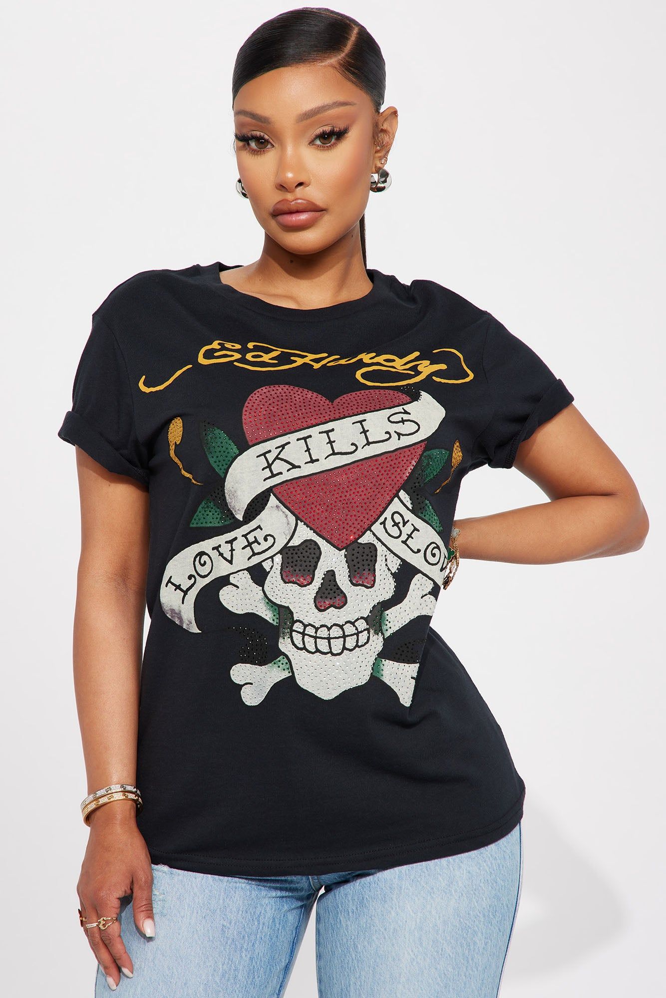 Love Kills Ed Hardy Rhinestone Tee - Black sold by Fashion Nova
