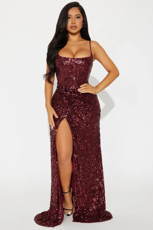 Closing Night Sequin Gown - Wine sold by Fashion Nova