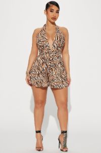 Up To Me Romper - Brown/combo sold by Fashion Nova
