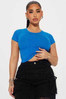 Aria Ribbed Short Sleeve Tee - Blue sold by Fashion Nova