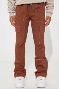 Mini Contrast Stitched Nylon Cargo Flared Pants - Brown sold by Fashion Nova