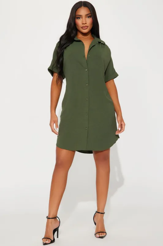 Amelia Mini Shirt Dress - Olive sold by Fashion Nova