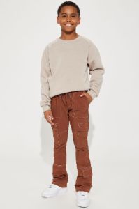 Mini Contrast Stitched Nylon Cargo Flared Pants - Brown sold by Fashion Nova