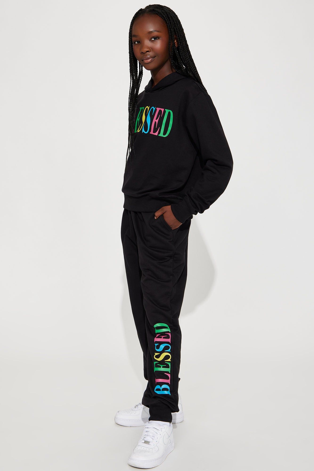 Mini Oh Yes I'm Blessed French Terry Jogger Set - Black sold by Fashion Nova