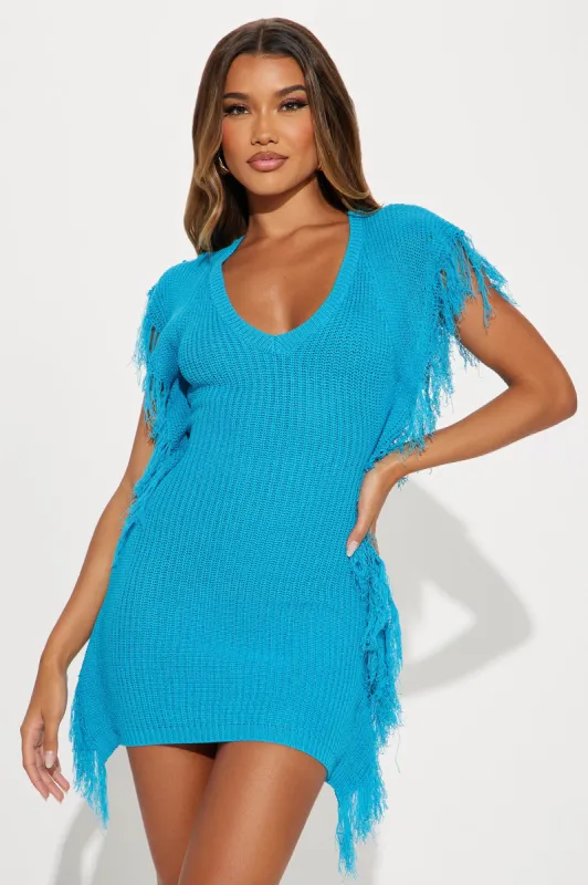 Fay Fringe Knit Mini Dress - Blue sold by Fashion Nova