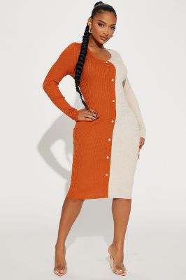 Cori Colorblock Sweater Midi Dress - Rust/combo sold by Fashion Nova