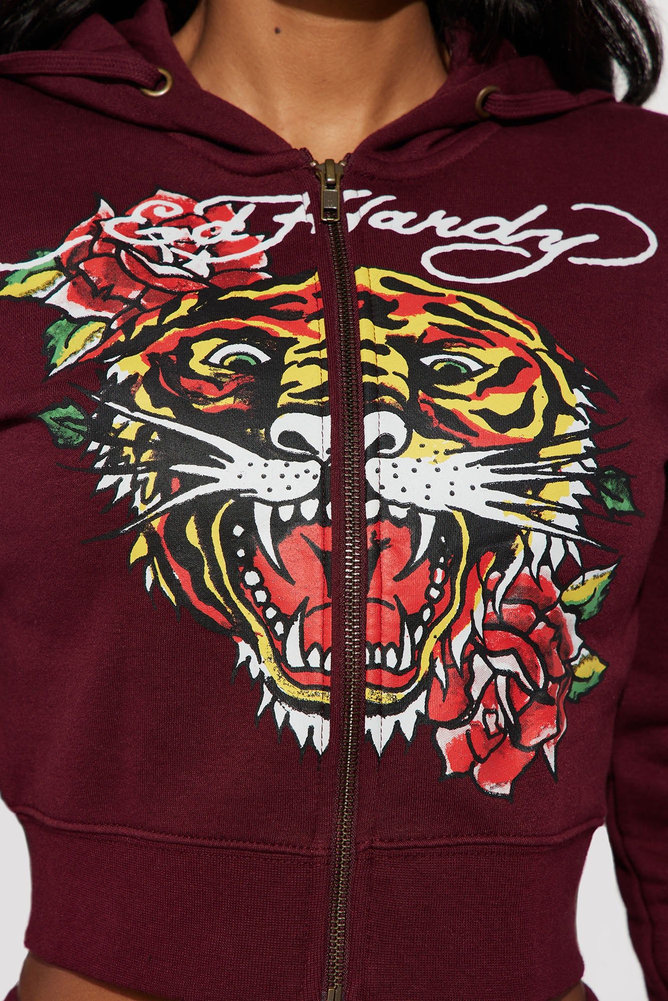 Retro Tiger Ed Hardy Zip Front Hoodie - Burgundy sold by Fashion Nova product image thumbnail 3