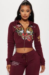 Retro Tiger Ed Hardy Zip Front Hoodie - Burgundy sold by Fashion Nova