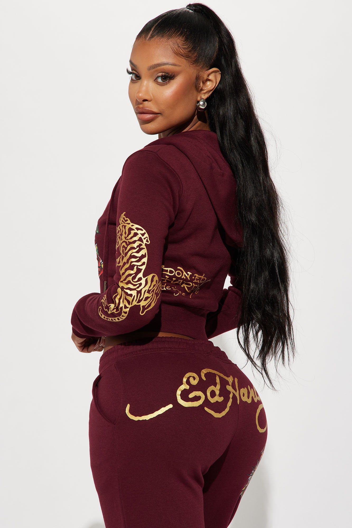Retro Tiger Ed Hardy Zip Front Hoodie - Burgundy sold by Fashion Nova product image thumbnail 4