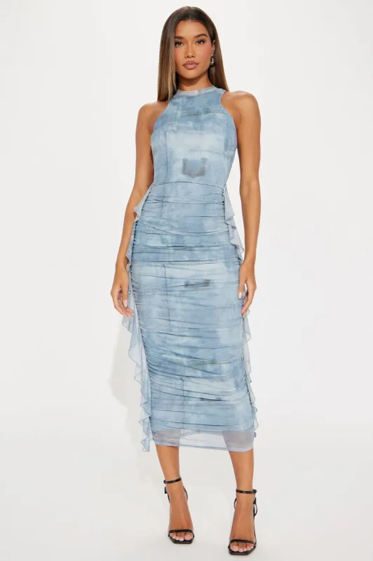 Jayla Ruched Mesh Maxi Dress - Light Blue sold by Fashion Nova
