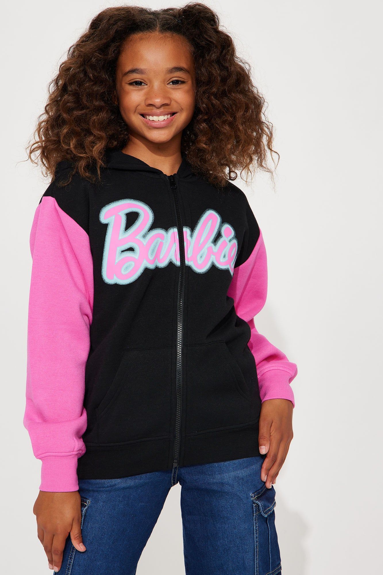 Mini Barbie Strong Girls Make Waves Zip Front Fleece Hoodie - Black sold by Fashion Nova